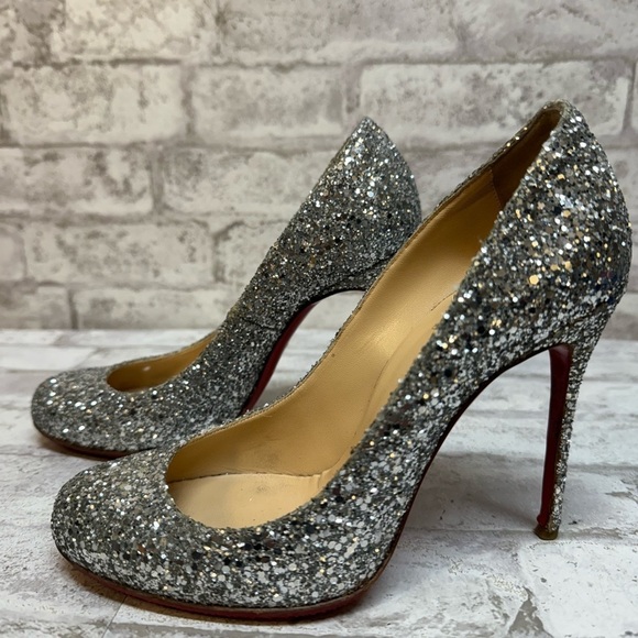 Christian Louboutin Metallic Silver Coarse Glitter Lady Lynch Pumps Size 37 US 7 - Picture 3 of 13